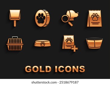 Set Cuenco de comida para mascotas para gato o perro, bolsa de plástico, collar de cono protector, estuche de transporte, símbolo de clínica veterinaria, icono de impresión de recogedor y pata. Vector