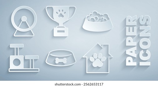 Set Pet food bowl for cat or dog, Cat scratching post with toy, house, award symbol and Hamster wheel icon. Vector