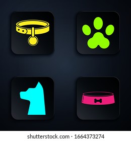 Set Pet food bowl, Collar with name tag, Cat and Paw print. Black square button. Vector