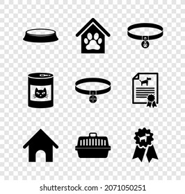 Set Pet Food Bowl, Dog House And Paw Print Pet, Collar With Name Tag, , Carry Case And Award Symbol Icon. Vector