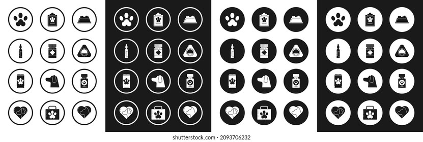 Set Pet food bowl, Dog medicine bottle and pills, Pets vial medical, Paw print, bed, Clipboard with clinical record pet,  and Online veterinary symbol icon. Vector