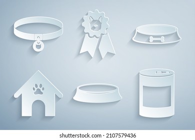 Set Pet Food Bowl, , Dog House And Paw Print Pet, Canned, Award Symbol And Cat Collar Icon. Vector