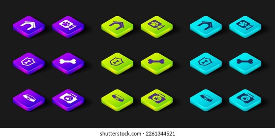 Set Pet food bowl, first aid kit, Animal health insurance, Dog bone, Veterinary clinic and house icon. Vector