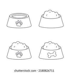 Set of pet food in a bowl in a line style. Vector illustration on white background