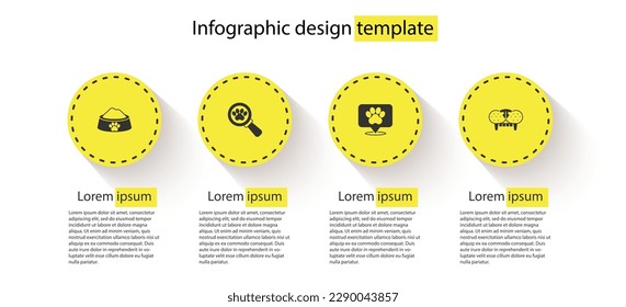 Set Pet food bowl, Veterinary clinic, Location veterinary hospital and Cat tooth. Business infographic template. Vector