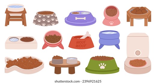 Set Of Pet Food Bowls, Featuring Various Sizes And Colors. Durable Plates Are Adorned With Playful Paw Prints, Ensuring A Delightful Dining Experience For Furry Companions. Cartoon Vector Illustration