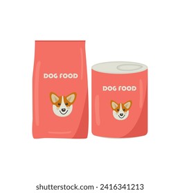 Set of pet food. Vector food packaging and a can of canned food for dogs in pink. Concept for pet products, pet nutrition, veterinary clinic. Flat illustration, eps 10 on a white background.