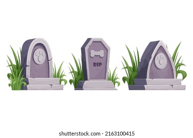 Set Pet gravestone, animal funeral with foot print decorated with grass collection in cartoon style isolated on white background. 