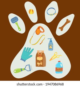Set of pet grooming accessories in the shape of dog's paw. Collection of pets elements. Various pet supplies. Vector cartoon illustration on dark background.