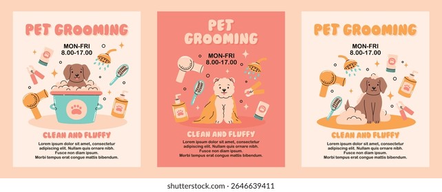 Set of pet grooming banners. Cute puppy in the bath, scissors, hair dryer, soap. Flat vector illustration.