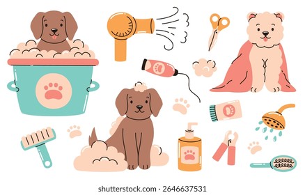 Set of pet grooming elements. Dog in bath, scissors, razor, hairbrush, hair dryer, soap for animals. Flat vector illustration.