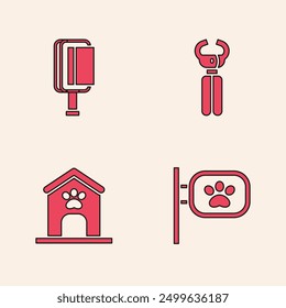 Set Pet grooming, Hair brush for dog and cat, nail clippers and Dog house paw print icon. Vector