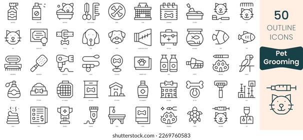 Conjunto de iconos de preparación de mascotas. Iconos de estilo lineal delgado Empaquetar. Ilustración vectorial