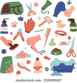 Set of pet grooming tools, accessories. Cat care, grooming. Beauty salon, vets, pet shop for domestic Flat vector illustration for banner, sticker and greeting card