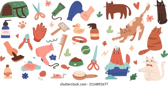 Conjunto de herramientas para el cuidado de mascotas, accesorios. Cuidado de gato, preparación. Salón de belleza, veterinarios, tienda de mascotas para la ilustración vectorial plana doméstica para carteles, pegatinas y tarjetas de saludo