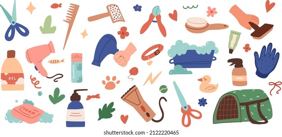 Conjunto de herramientas para el cuidado de mascotas, accesorios. Cuidado de gato, preparación. Salón de belleza, veterinarios, tienda de mascotas para la ilustración vectorial plana doméstica para carteles, pegatinas y tarjetas de saludo