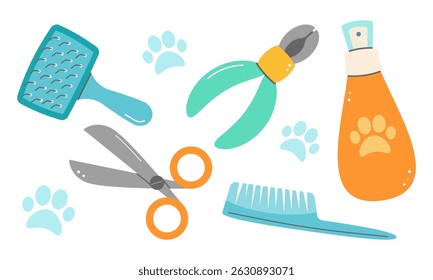 Set of pet grooming tools including a brush, spray bottle, scissors, and comb, perfect for pet care designs or branding. Vector illustration