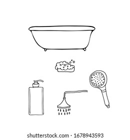 Set of pet grooming washing up tools for dog styling and grooming salon, icons for web site design. Vector outline illustration of bath, soap, foam, shower, shampoo isolated on white background.