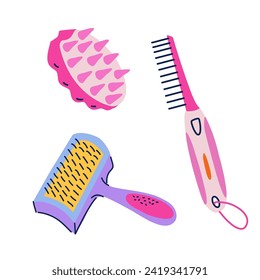 Set of pet hair care tools. Slicker brush, handled comb, rubber brush vector isolated cliparts. Equipment for pet groomers and owners in flat trendy style