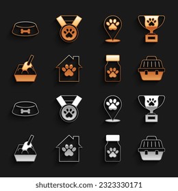 Set Pet house, award symbol, carry case, Medicine bottle and pills, Cat litter tray with shovel, Location veterinary hospital, food bowl for or dog and  icon. Vector