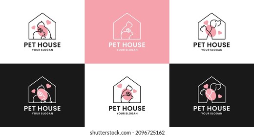 set of pet house, pet store logo design collection. rabbit and cat combination in the house
