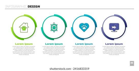 Set Pet house, Turtle, Heart with animals footprint and Fish. Business infographic template. Vector