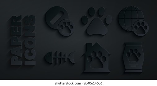 Set Pet house, World pet, Fish skeleton, Bag of food, Paw print and Dog pill icon. Vector