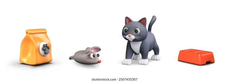 Set of pet icons in 3D style. Character and accessories for care of animal