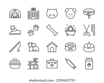 Set of pet icons. Containing dog, cat, animals symbol. Animal care and vet clinic elements collection. Vector illustration.