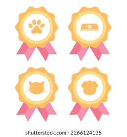 Set of pet icons with ribbons. Paw, bowl, cat, dog. Award symbols. Flat vector illustration.