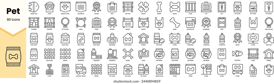 Conjunto de iconos de mascotas. Paquete de iconos de estilo de arte de línea simple. Ilustración de vector