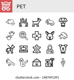 Set of pet icons such as Cage, Rat, Zoo, Dog, Chameleon, Animal, Paw print, Veterinary, Bunny, Hedgehog, Guide dog, Collar, Veterinarian, Parrot, Snake, Dog food, Scratching post , pet