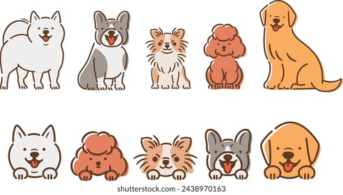 Set of pet illustrations of a smiling and laughing dog in a cute full-body and facial expression_white back	