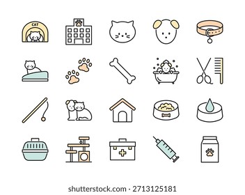 Set of pet line icon. Containing dog, cat, animals symbol. Animal care and vet clinic elements collection. Colored vector illustration.