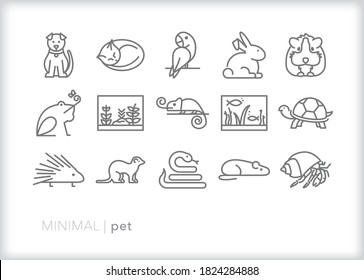 Conjunto de iconos de línea de mascota de animales que una familia o niños podrían criar y cuidar