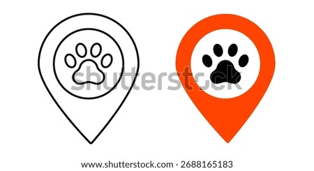 Set of pet location icons in a clean, flat design. Collection with both outline and solid color versions of a map pin featuring a paw print symbol, perfect for marking a veterinary clinic, pet store