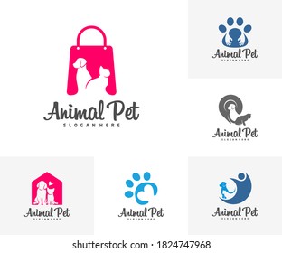 Set of Pet Logo dog cat design vector template. Animals Veterinary clinic Logotype concept outline icon.