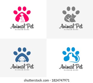 Conjunto de plantillas vectoriales de diseño de gatos de perro con logotipo de mascotas. Animales Clínica veterinaria Icono de esquema del concepto de Logotipo.