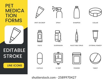 A set of pet medication form icons in vector, illustrating different treatment methods like sprays, shampoos, and tablets, as well as injectable, external, and oral remedies, with an editable stroke