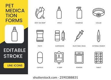 A set of pet medication form icons in vector illustrating treatments such as spot on drops, sprays, shampoos, collars, pastes, capsules, injectable and external remedies, with an editable stroke