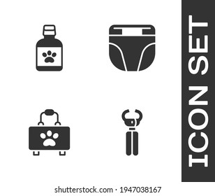 Set Pet nail clippers, Dog medicine bottle, first aid kit and Diaper for dog icon. Vector