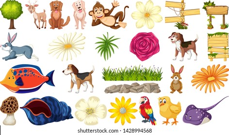 Conjunto de ilustraciones de mascota y naturaleza