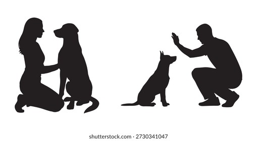Set of pet owner bonding with loyal dog silhouette vector