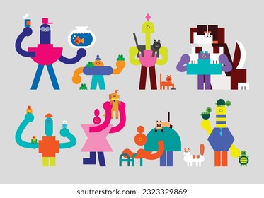 Diseño de caracteres geométricos planos humanoides del propietario de mascotas