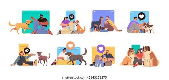 set pet owners with cute dogs spending time together best friends domestic animal friendship concept