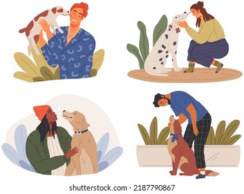 Set of pet owners with dogs. Collection of people playing, hugging, cuddling with animal friends. Men and women spend time with pets. Characters with cute house animals, puppies, human companions