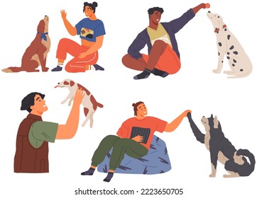 Set of pet owners with dogs. Collection of people playing, feeding, hugging, cuddling with animal friends. Men and women spend time with pets. Happy characters with cute house animals, puppies