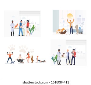 Set of pet owners taking care of pets. Flat vector illustrations of people exercising and playing with pets. Pets, animal shelter, veterinary concept for banner, website design or landing web page