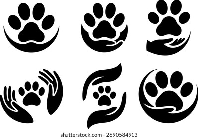 Set of Pet Paw and Human Hands Care Icons