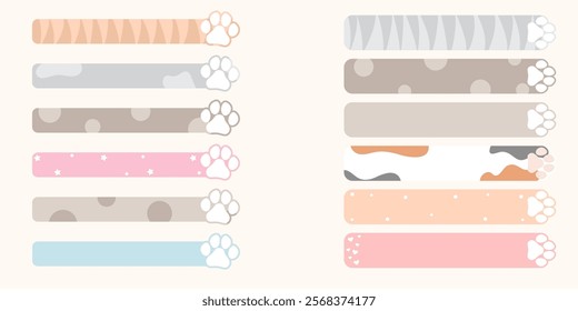 Set of pet pawprint speech bubbles, dividers. Cute paw print bookmarks